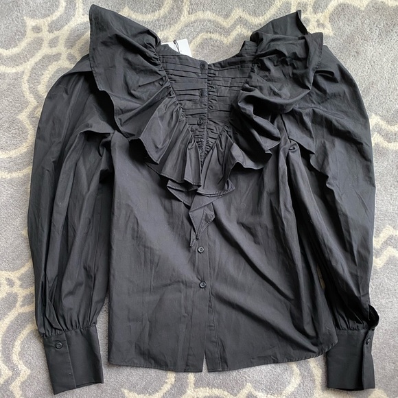 Zara New Cotton Black Ruffled Sleeve Button Down Long Sleeve Cotton Shirt - Picture 3 of 4